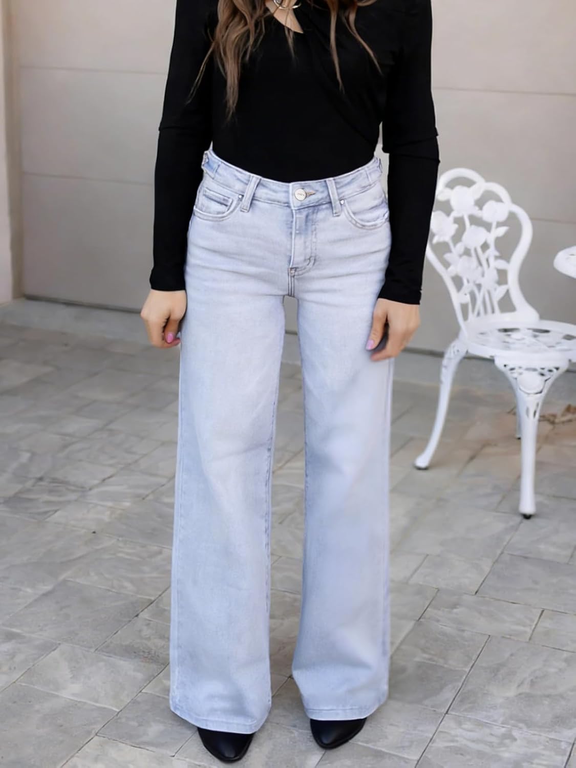 ONESO Mid-Low Rise Baggy Jeans Wide Leg for Women Distressed Pants Stretchy Bottom Lady Basic Comfortable Denim