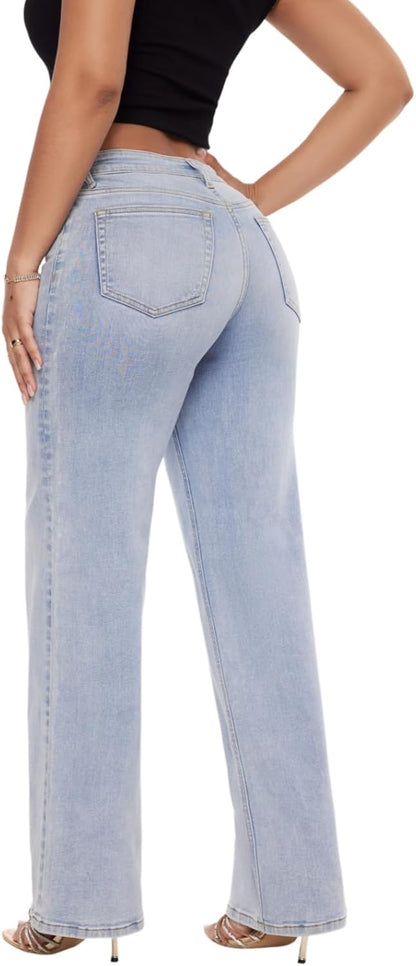 ONESO Mid-Low Rise Baggy Jeans Wide Leg for Women Distressed Pants Stretchy Bottom Lady Basic Comfortable Denim