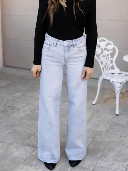 ONESO Mid-Low Rise Baggy Jeans Wide Leg for Women Distressed Pants Stretchy Bottom Lady Basic Comfortable Denim