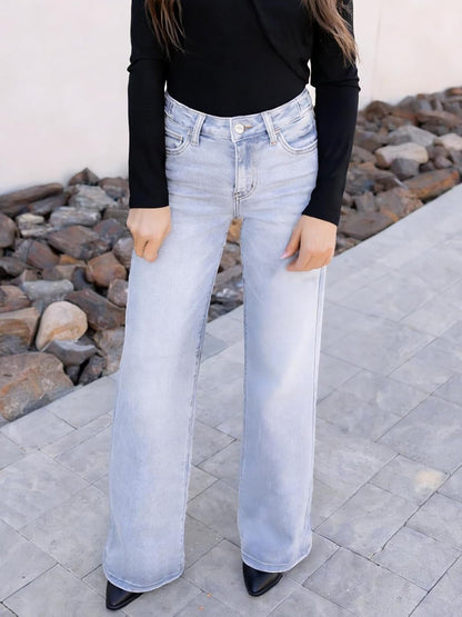 ONESO Mid-Low Rise Baggy Jeans Wide Leg for Women Distressed Pants Stretchy Bottom Lady Basic Comfortable Denim