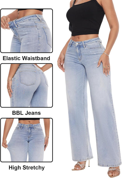 ONESO Mid-Low Rise Baggy Jeans Wide Leg for Women Distressed Pants Stretchy Bottom Lady Basic Comfortable Denim