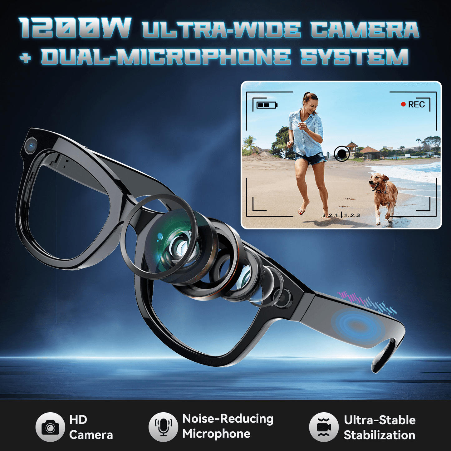 Óculos com câmera inteligente AI AuraLens™ de 8 MP